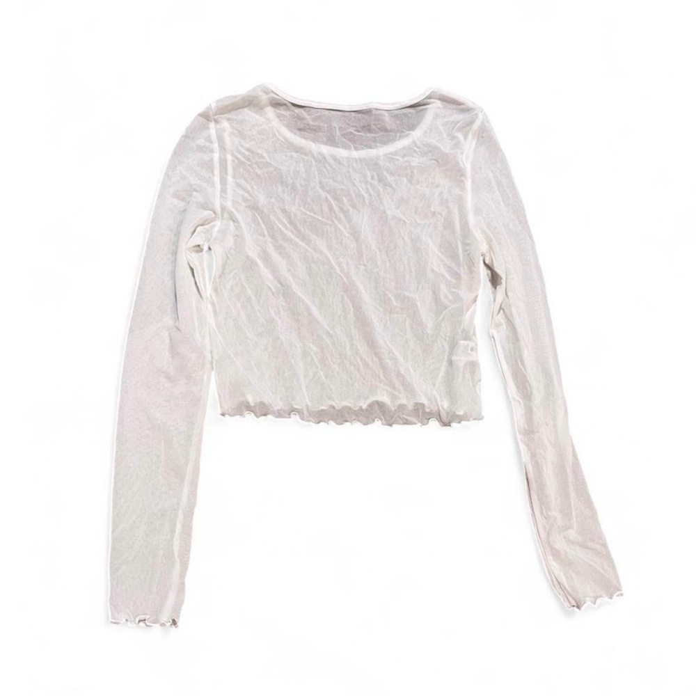 Women’s Sheer Layering Ruffled Feminine Cropped White Long Sleeve Top - Picture 2 of 5